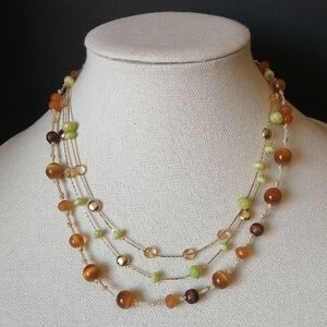 Bohemian Multi-Strand Art Glass Plastic Beaded Goldtone Chain Necklace